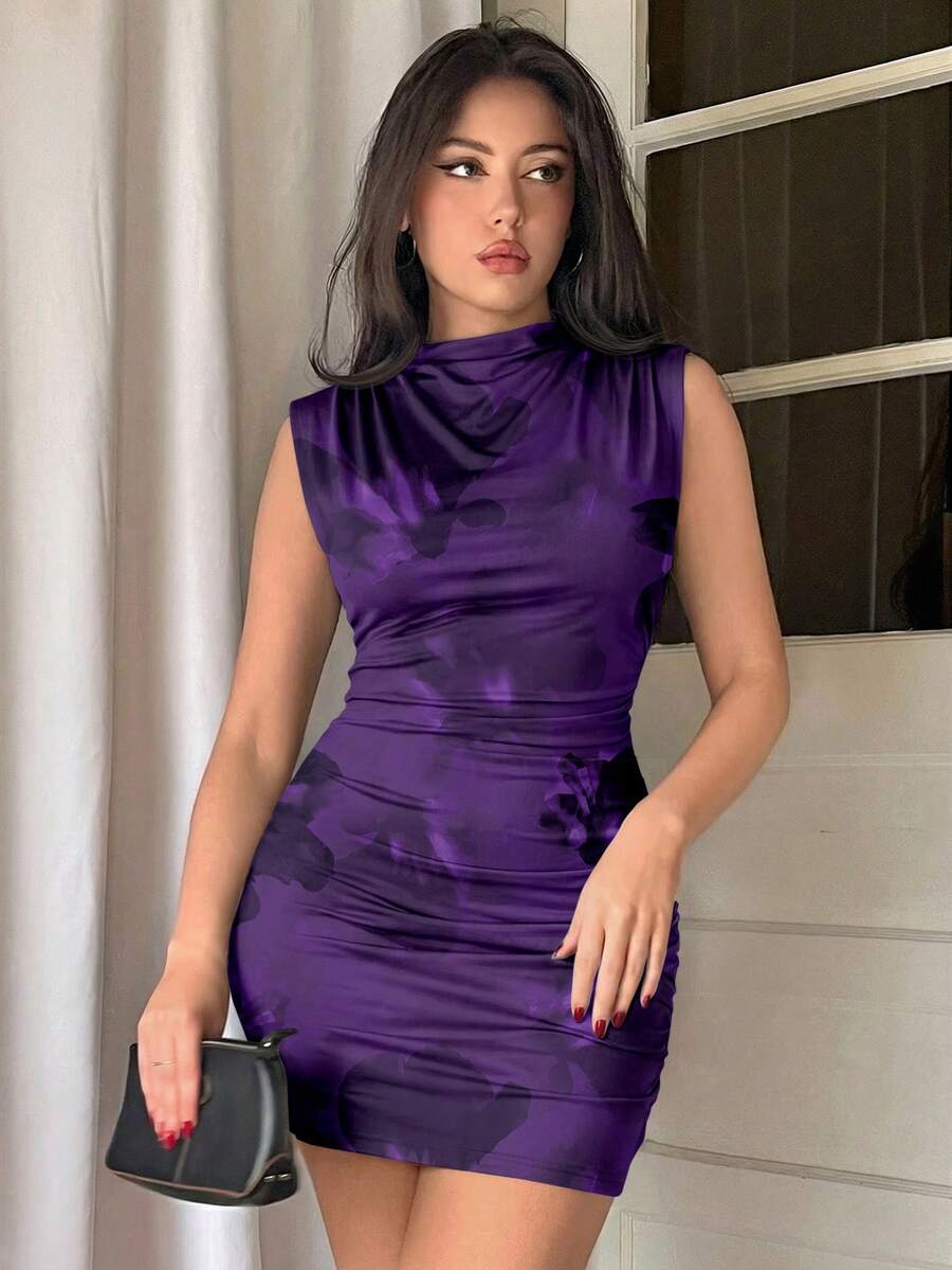 Firerie Women's Stand Collar Bodycon Ruched Sleeveless Mini Dress, Suitable For Summer,Summer Dresses For Women - Purple - View 1