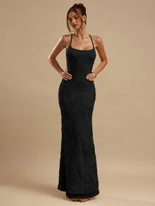 SHEIN BAE 纯黄色提花露背系带修身连衣裙，优雅大方，适合早午餐、婚礼宾客、鸡尾酒会、海滩度假等场合。 - 黑色 - 查看 7