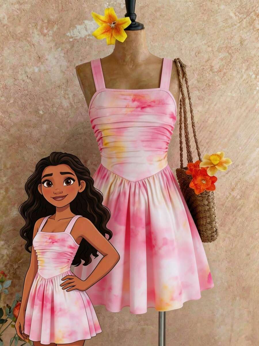 SHEIN Sparklyn 少女扎染褶皱时尚度假连衣裙 - 粉色 - 查看 1