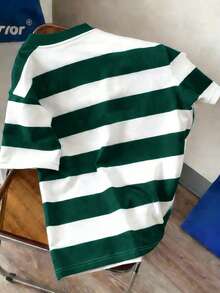 Manfinity Joysei Men's Letter & Stripe Print Round Neck Short Sleeve Casual T-Shirt - Dark Green - View 2