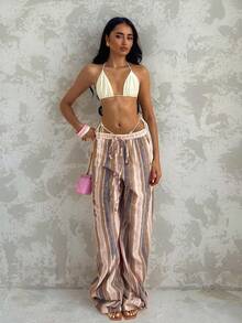 Glamine 女士条纹亚麻阔腿裤，休闲沙滩度假乡村长裤，优雅自然，夏季 - 彩色 - 查看 3