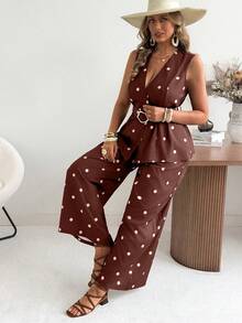 Bộ áo vest và quần ống rộng chấm bi cổ điển dành cho nữ cỡ lớn Ceyna, trang phục mùa hè lý tưởng cho kỳ nghỉ. - màu nâu - Xem 5