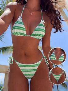 Swim Mod Set da 2 pezzi di costume da bagno primavera/estate 2026, con top a fascia a righe verdi e slip con fiocco bianco a vita alta, dolce - Multicolore - Visualizzare 1