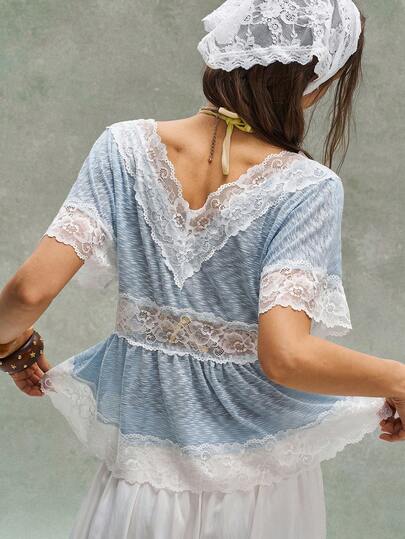 Bohemela 女士休闲针织撞色蕾丝边V领T恤