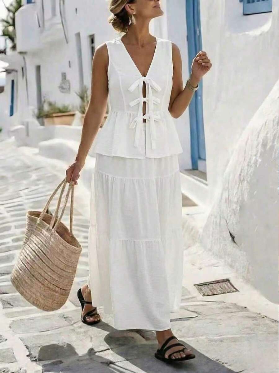 Weeklong Conjunto de 2 piezas de blusa con escote en V profundo y lazo, y falda con pliegues, elegante y apropiado para la oficina, talla grande, para primavera/verano - Blanco - Ver 1