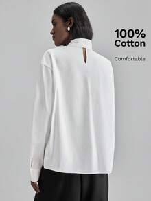 Ontre Women's White Autumn Elegant Semi Formal Cotton Blouse,Long Sleeve Tie Neck Small Stand Collar Boxy Shirt,Business Office Wear Teachers' Day - White - View 9