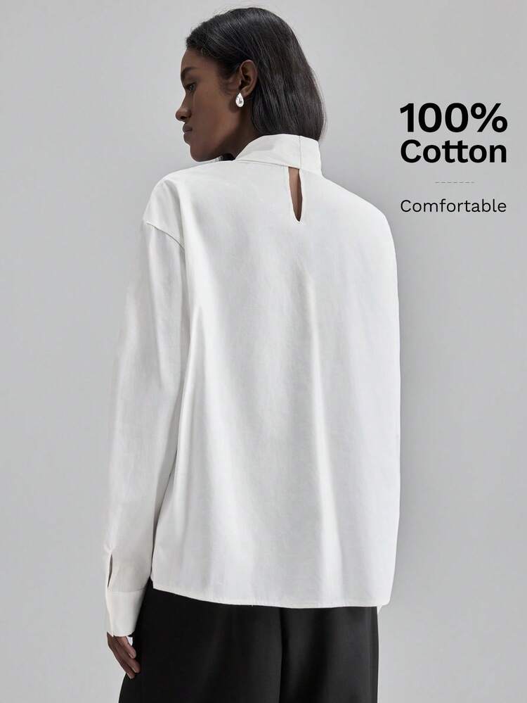Women's White Autumn Elegant Semi Formal Cotton Blouse,Long Sleeve Tie Neck Small Stand Collar Boxy Shirt,Business Office Wear Old Money Style Top
