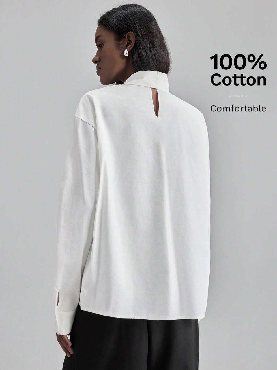 Women's White Autumn Elegant Semi Formal Cotton Blouse,Long Sleeve Tie Neck Small Stand Collar Boxy Shirt,Business Office Wear Old Money Style Top
