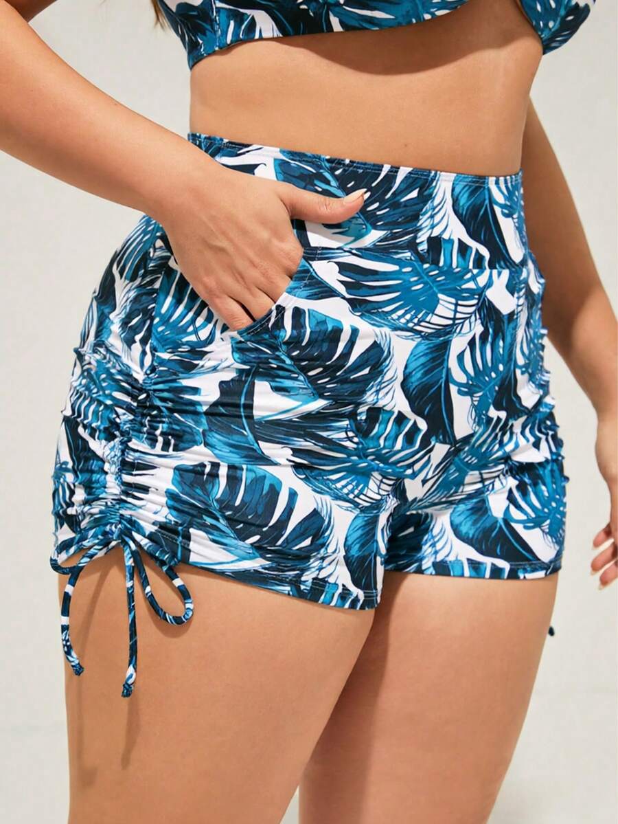 Swim SPRTY Plus Size Women Tropical Plant Print Side Drawstring Swim Shorts - Green - View 1