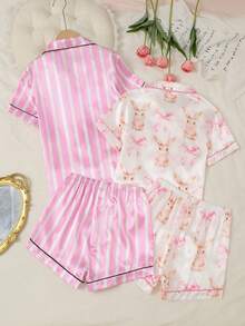 4-Piece Girls Pink And White Striped,Summer,Cute,Home Wear,Sleep Pajamas Set,Rabbit Cartoon Print Satin Short Sleeve Shorts Sleepwear Loungewear - Multicolor - View 2