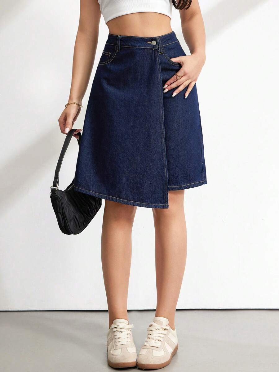 SHEIN Tall Quần váy denim nữ cạp cao, vạt bất đối xứng, có túi, kiểu dáng thường ngày. - Rửa tối - Xem 1