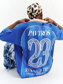 PAVTROS 男士休闲时尚街头数字字母条纹印花Polo衫，夏季 - 藍色 - 查看 6