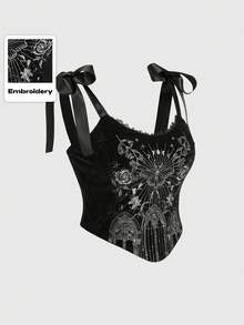 ROMWE Áo lót cỡ lớn màu đen sang trọng kiểu Gothic với họa tiết hoa văn cung điện ban đêm thêu tinh tế, có dây đeo hình bướm và áo hai dây màu đen thanh lịch dành cho phụ nữ. - màu đen - Xem 6