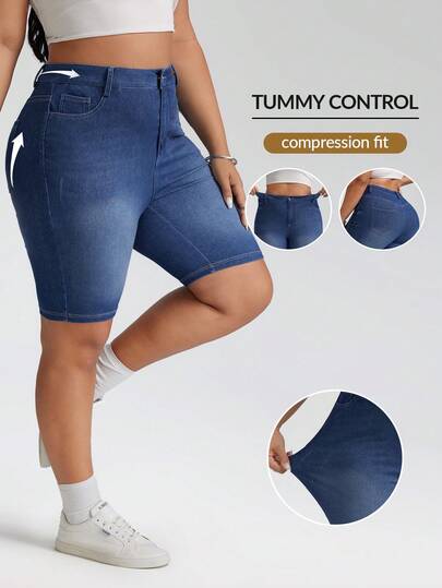SHEIN PETITE CURVE Quần short denim màu xanh dương, dáng ôm, cỡ lớn, thích hợp mặc hàng ngày vào mùa hè.