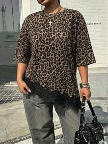 Muchica 女士休闲纯色不对称下摆蕾丝拼接T恤，百搭日常穿搭，春夏休闲上衣，适合度假、夏季、春季、春假及各种场合，包括沙滩装、休闲衬衫、外套和夏季上衣。 - 棕色 - 查看 2