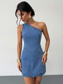 Firerie Đầm denim không tay thường ngày cho nữ mùa hè, trang phục lễ hội, đi làm, nghỉ mát, tốt nghiệp, phong cách Y2K, dễ thương, thời trang đường phố, dự tiệc, đám cưới, thanh lịch, công sở, đi biển, lễ tốt nghiệp, lễ Phục sinh. Đầm mini denim sành điệu cho nữ, đầm ngắn ôm sát không tay một vai, đầm denim dáng chữ A thanh lịch cho nữ, đầm mini không tay có nút cài, đầm xanh gợi cảm, đầm một vai cho nữ. - Màu xanh lam - Xem 3