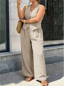 Lounesse Plus Size Summer Casual Solid Color Vest & Pants 2 Pieces Set - Apricot - View 1