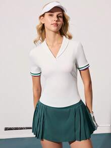 CourtClass 女士高尔夫球衫，撞色袖设计，翻领，修身剪裁，休闲百搭 - 彩色 - 查看 6