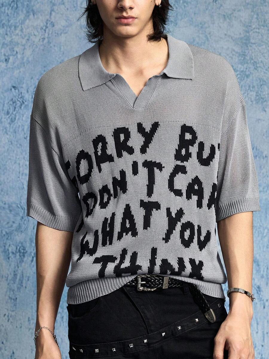 ROMWE MEN 男士 Polo 领刺绣针织毛衣 - 灰色 - 查看 1