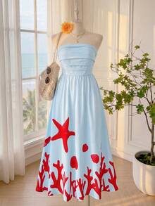 Comfortcana Vestido de bandeau con pliegues y estampado de estrellas de mar para mujer de talla grande para vacaciones - Azul - Ver 4