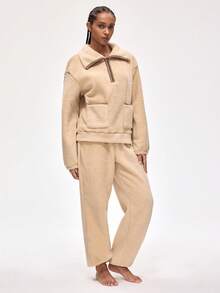 Women's Casual Comfortable Zip-Up Drop Shoulder Top And Pants Loungewear Set, Autumn/Winter - Khaki - View 5