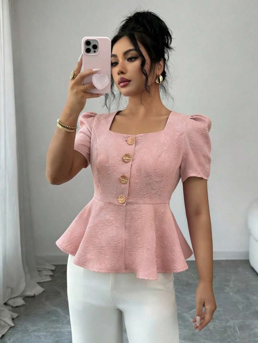 Elenzga Women's Elegant Vacation Casual Daily Pattern Textured Square Collar Blouse - Pink - View 1