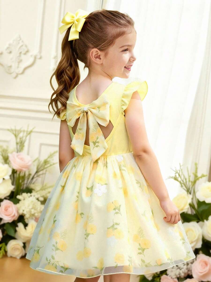 Elladie kids 女童雪纺短袖连衣裙，后背蝴蝶结装饰，优雅派对连衣裙，夏季保暖套装，黄色童装，蝴蝶结后背连衣裙，荷叶边袖连衣裙，女童黄色连衣裙，可爱女童连衣裙，碎花连衣裙 - 黃色 - 查看 1
