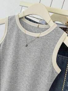 INAWLY Women's Casual Versatile Contrast Trim Round Neck Camisole For Summer - Grey - View 3