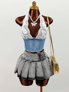 SHEIN Áo kiểu denim cổ yếm phối ren tương phản, khóa kéo phía trước dành cho nữ, trang phục nữ, phong cách Y2K. - Màu xanh lam - Xem 3