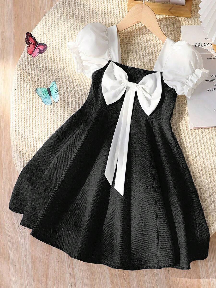 Genkimix Kids Đầm denim phối nơ dễ thương, thoải mái, thích hợp cho bé gái đi nghỉ mát. - màu đen - Xem 1