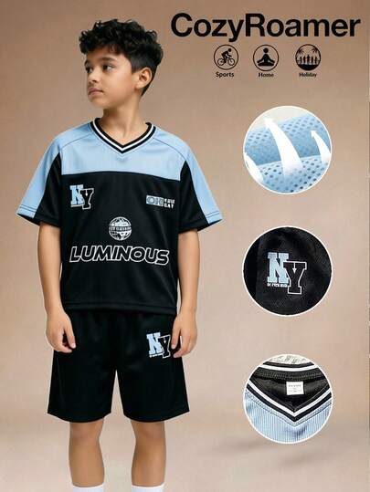 两件套青少年男童撞色休闲运动字母印花短袖T恤和短裤套装