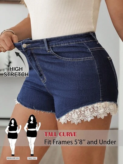 SHEIN Tall CURVE Quần short denim nữ cỡ lớn có túi, phối ren tương phản, kiểu dáng thường ngày.