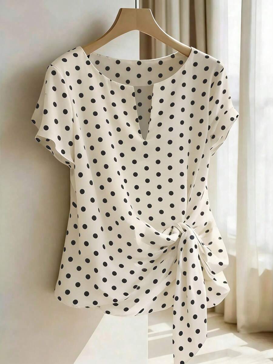 Franclia Áo sơ mi nữ tay ngắn cổ chữ V ôm dáng, buộc dây, kiểu dáng thường ngày, thích hợp cho mùa hè. - Màu be - Xem 1