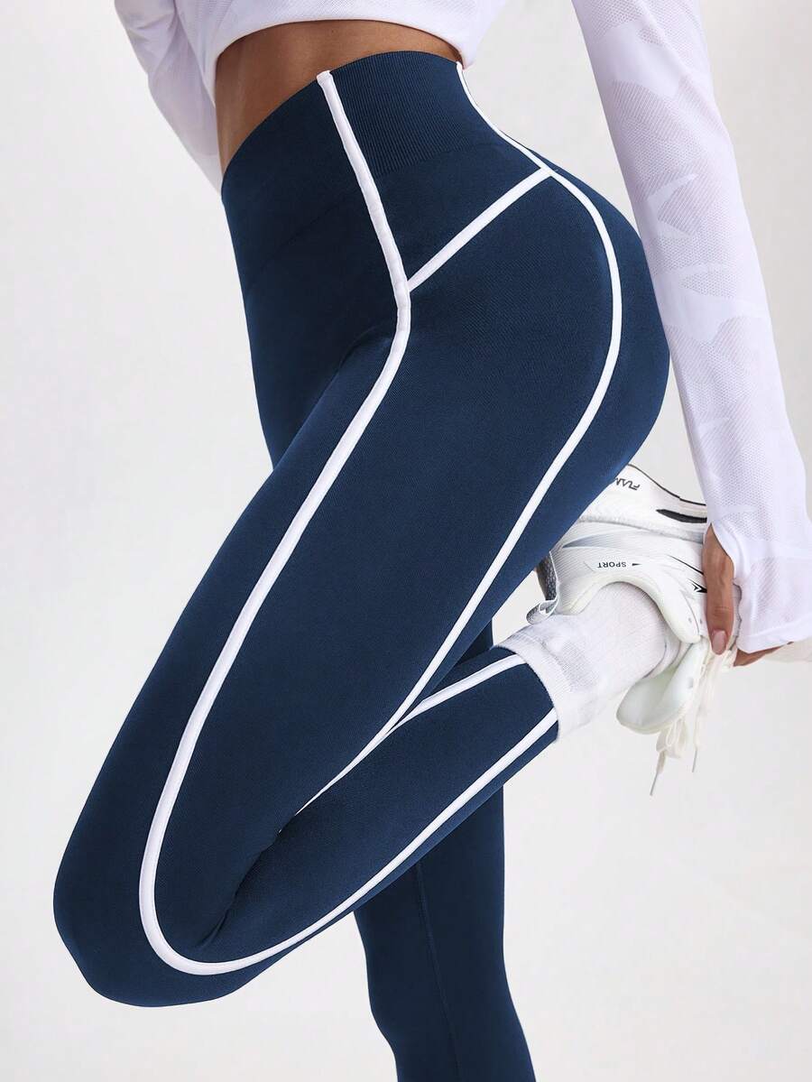 Gameset SHEIN Sport 撞色条纹高腰瑜伽裤,欧美风修身设计,高弹面料塑形,适合瑜伽、健身和休闲穿着,实用时尚。 - 藏蓝色 - 查看 1