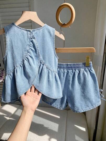 SHEIN 少女格子可爱荷叶边露背交叉无袖宽松上衣和宽松休闲短裤两件套，薄荷绿，适合春季外出、休闲田园风、休闲出行、返校季