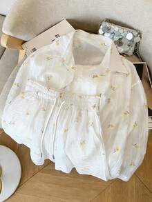 Resyla Women's Ditsy Floral Loose Regular Chiffon Drop Shoulder Long Sleeve Shirt And Shorts Set - White - View 5
