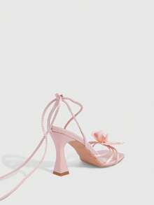 CUCCOO SZL Summer New Pink Flower Thick Heel Square Toe Fashionable And Elegant Women's High Heel Sandals Prom Heels Summer Shoes - Pink - View 3