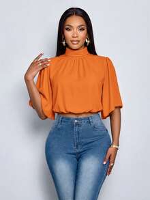 SOLERSUN Women's Spring And Summer Solid Color Fashion Casual Elegant Daily Simple Ruched Mock Neck Ruffle Sleeve Shirt Casual Daily Wear - Orange - View 3