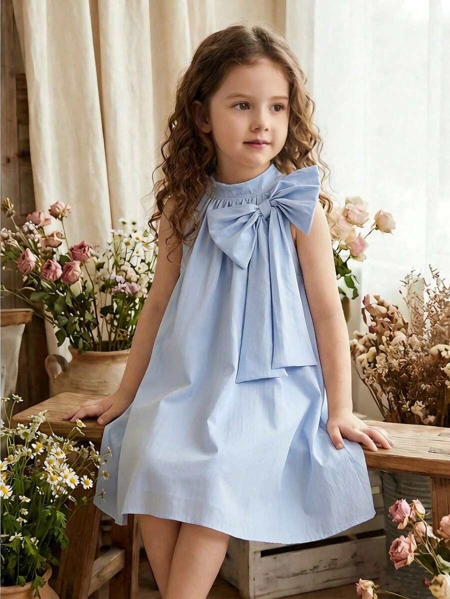 Elladie kids 少女优雅简约时尚大蝴蝶结连衣裙，夏季 - 淺藍色 - 查看 1
