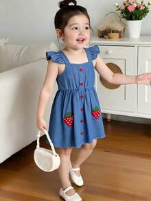 可爱花朵草莓印花无袖连衣裙，女童夏季款 - 藍色 - 查看 4