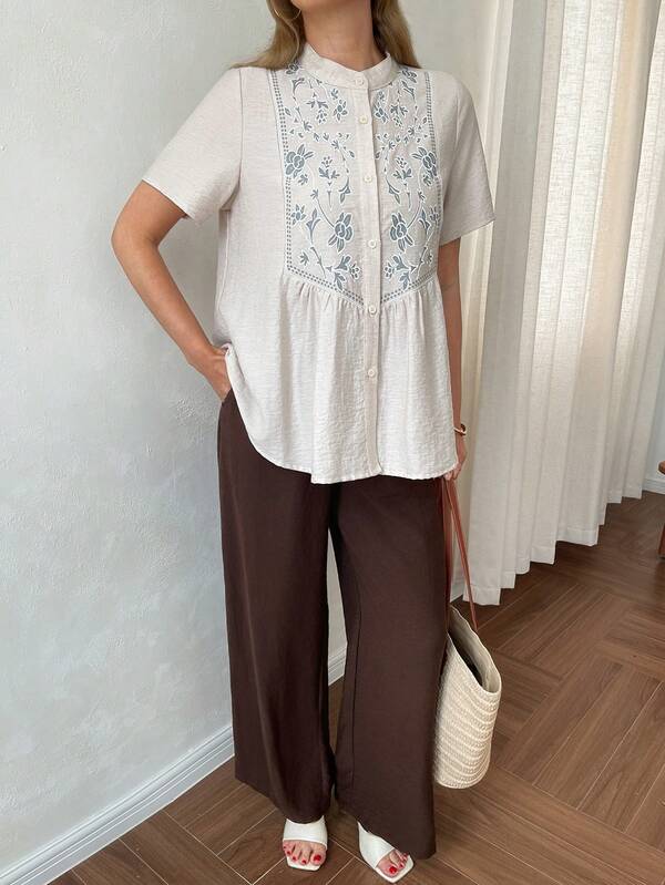 Vivie Lora 中老年女性花卉印花拼接衬衫和裤子套装
