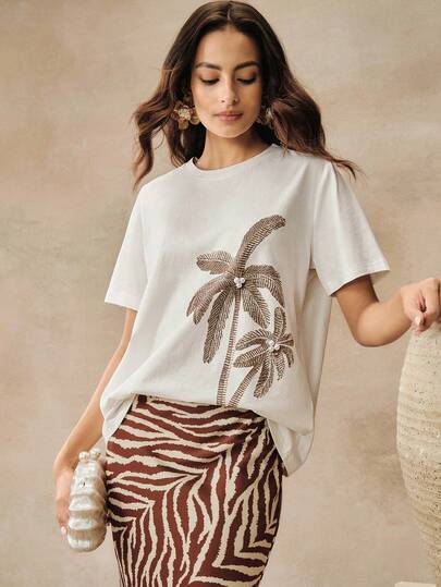 Anewsta Women's Soft Cotton T-Shirt With Simple Palm Tree And Pearl Decor, Suitable For Spring And Summer
