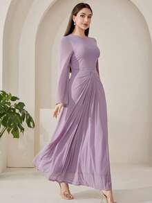 Veilorie New Arrival Ruched Waist Rhinestone Embellished Elegant Flowing Cocktail Party Dress - Purple - View 5