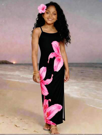 Sparklyn Summer Girls' Floral Print Maxi Dress, Elegant And Refined, Fitted Silhouette With Side Slit, Perfect For Outings And Photo Shoots!