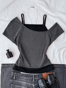 Y2K 休闲简约黑白波点印花褶皱系带露脐上衣 - 灰色 - 查看 2