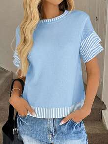 Easowa Áo thun nữ cổ tròn kẻ sọc phối màu tương phản, kiểu dáng casual, thích hợp mặc với quần jeans, trang phục thường ngày cho nữ, áo thun nữ mùa hè, áo thun dệt kim cho nữ, áo thun mới về, áo thun nữ casual, áo thun tay ngắn gân cho nữ - Xanh và trắng - Xem 4