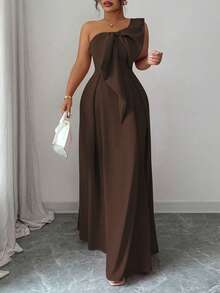 Elenzga 大码女士不对称肩部浪漫连衣裙，腰部饰有大蝴蝶结，A字裙摆，适合派对、婚礼宾客、伴娘、秋冬季穿着。 - 咖啡棕 - 查看 5