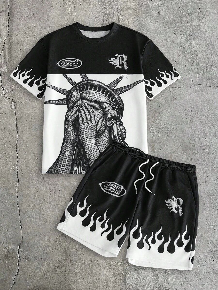 AXEPEAK Conjunto de Camiseta de Manga Curta com Gola Redonda e Estampa Gráfica Colorida e Shorts com Cordão na Cintura e Estampa Floral para Homens