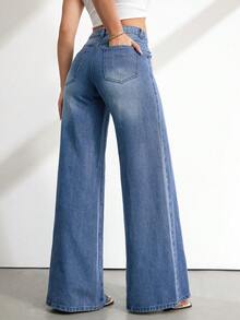 SHEIN Tall Women's Casual Washed High Waist Wide Leg Jeans - Medium Wash - View 2