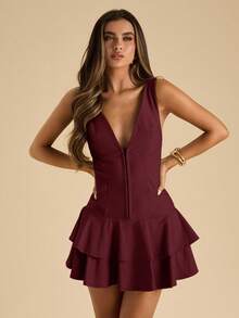 SHEIN BAE Đầm nữ màu trơn cổ chữ V sâu, xếp ly, không tay - Màu Tím - Xem 6